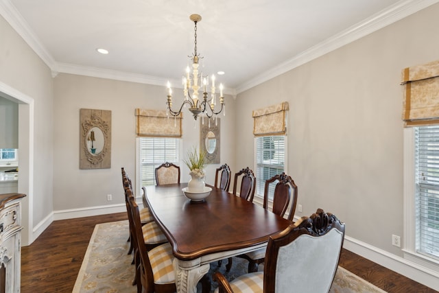 dining space featuring crown molding, a healthy amount of sunlight, and dark hardwood / wood-style floors