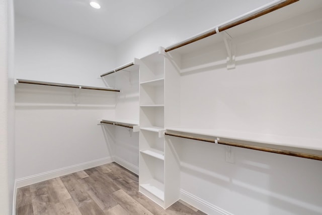 walk in closet with light hardwood / wood-style flooring