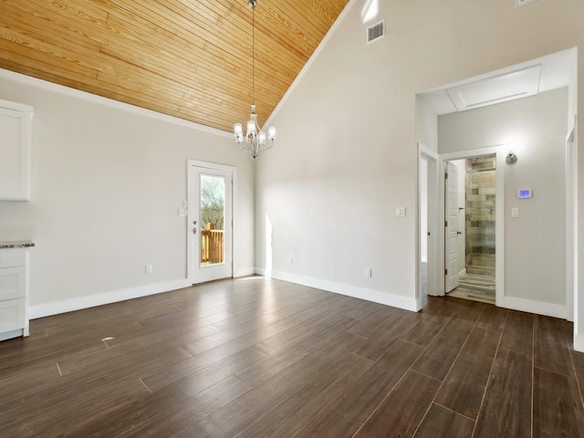 unfurnished living room featuring wood ceiling, high vaulted ceiling, dark hardwood / wood-style floors, and a chandelier