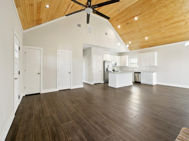 unfurnished living room featuring high vaulted ceiling, dark wood-type flooring, wooden ceiling, and ceiling fan