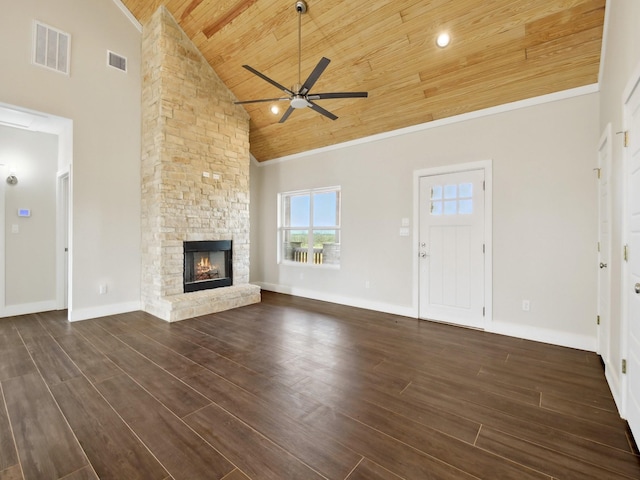 unfurnished living room featuring dark wood-type flooring, high vaulted ceiling, wooden ceiling, ceiling fan, and a fireplace