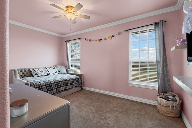 carpeted bedroom featuring ornamental molding and multiple windows