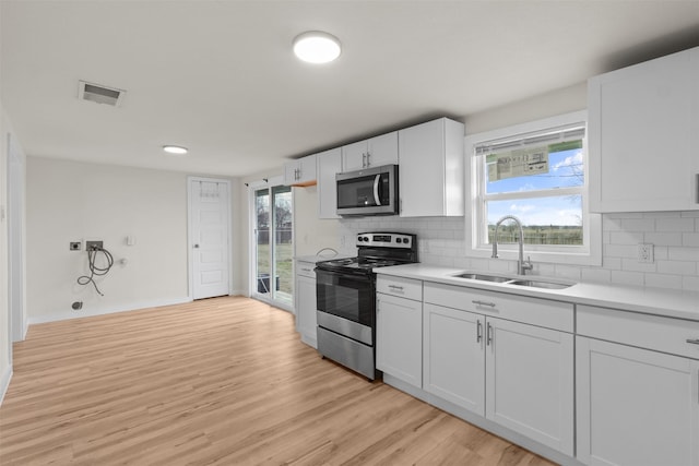 kitchen featuring sink, tasteful backsplash, light wood-type flooring, stainless steel appliances, and white cabinets