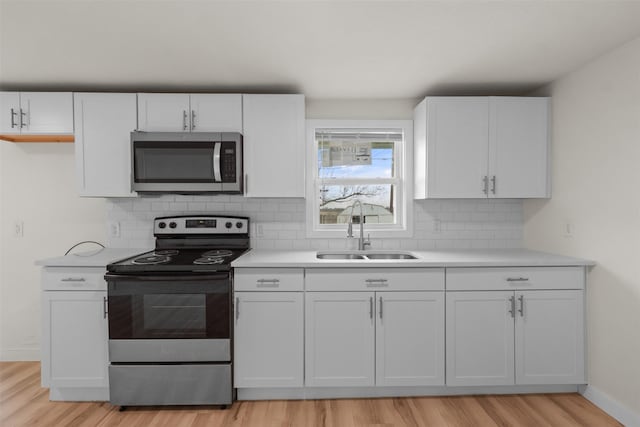 kitchen featuring sink, white cabinetry, appliances with stainless steel finishes, light hardwood / wood-style floors, and backsplash