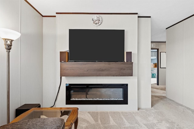 room details featuring crown molding and carpet floors