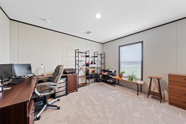 carpeted home office with crown molding and a textured ceiling