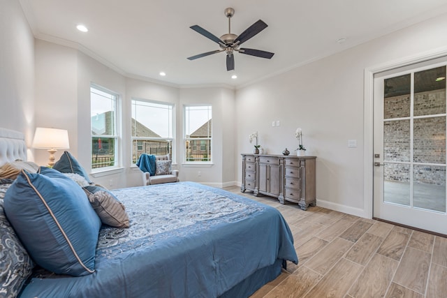 bedroom with crown molding, access to outside, ceiling fan, and light wood-type flooring