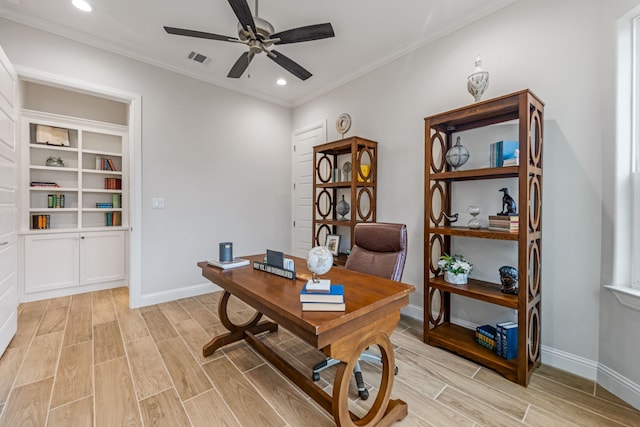 office area featuring crown molding and ceiling fan