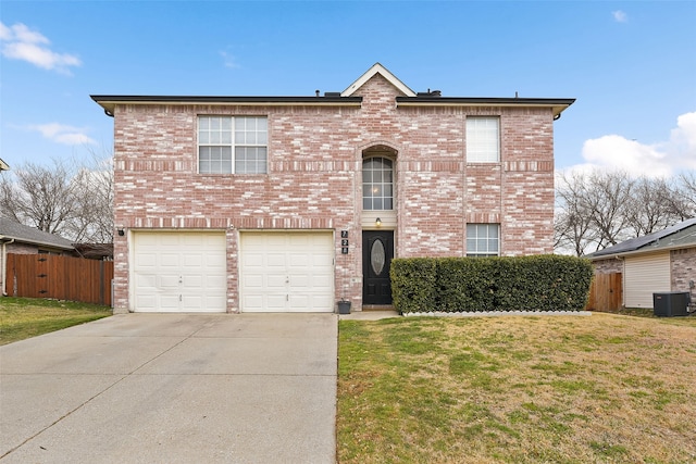 view of front of home featuring driveway, a garage, central AC unit, a front lawn, and brick siding