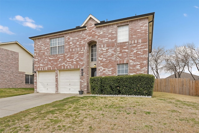 view of front of house featuring driveway, brick siding, fence, and a front yard