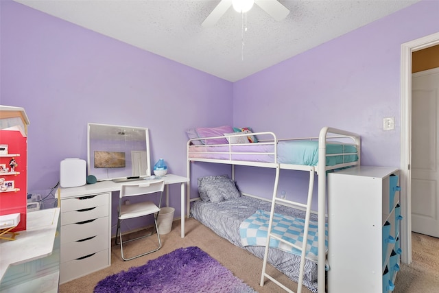 728 Oriole Dr, Saginaw, TX 76131 - bedroom featuring lofted ceiling, ceiling fan, a textured ceiling, and light colored carpet