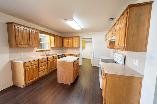 kitchen featuring sink, white electric range, dark hardwood / wood-style floors, and a center island