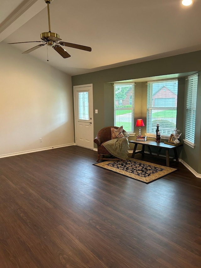 604 Mustang, Mount Vernon, TX 75457 - living area featuring baseboards, dark wood finished floors, ceiling fan, and beam ceiling