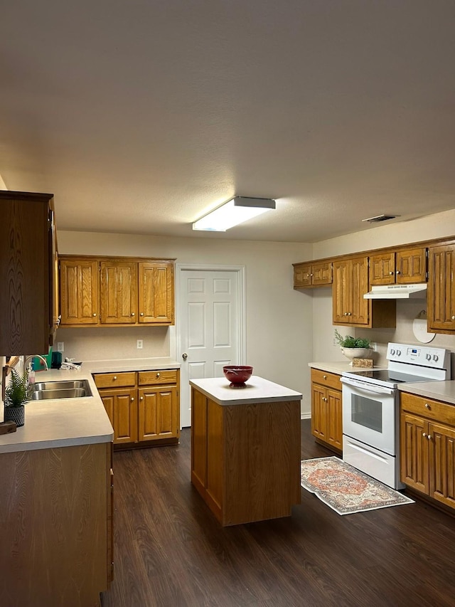 604 Mustang, Mount Vernon, TX 75457 - kitchen with white electric stove, a sink, under cabinet range hood, dark wood-style flooring, and brown cabinetry