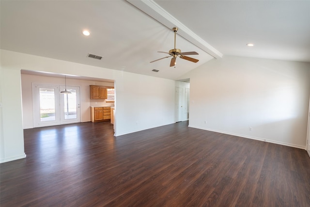 unfurnished living room featuring lofted ceiling with beams, ceiling fan, and dark hardwood / wood-style flooring