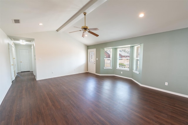 empty room featuring vaulted ceiling with beams, dark wood-type flooring, and ceiling fan