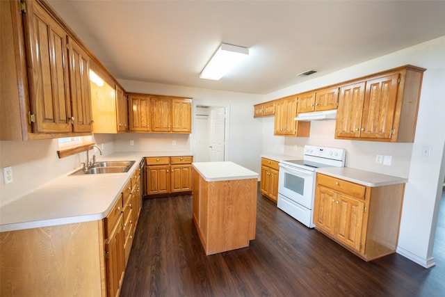 kitchen featuring sink, dark hardwood / wood-style floors, white electric stove, and a center island