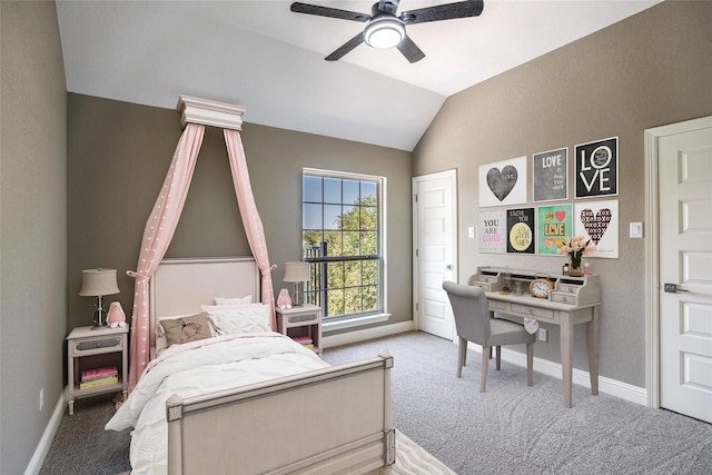 carpeted bedroom with lofted ceiling and ceiling fan