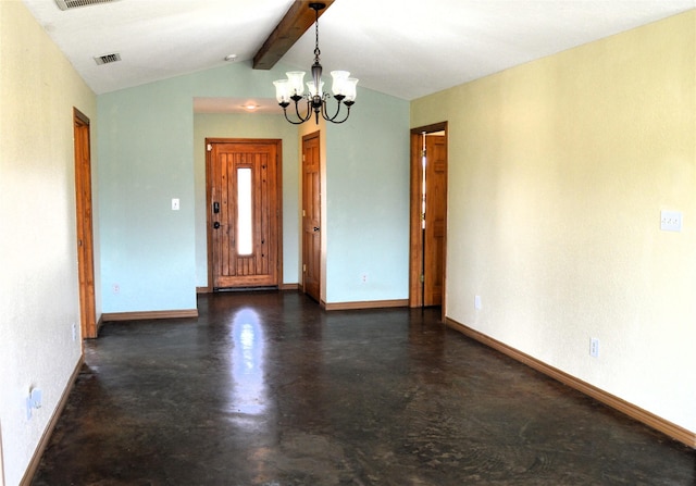 interior space with lofted ceiling with beams, visible vents, baseboards, an inviting chandelier, and finished concrete floors