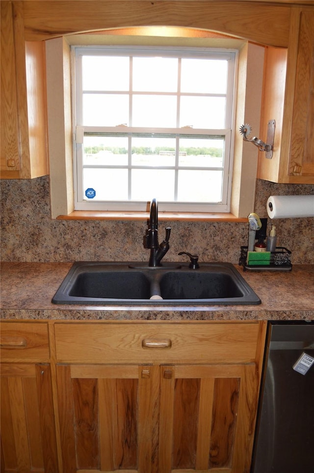 kitchen with backsplash, stainless steel dishwasher, a sink, and a wealth of natural light