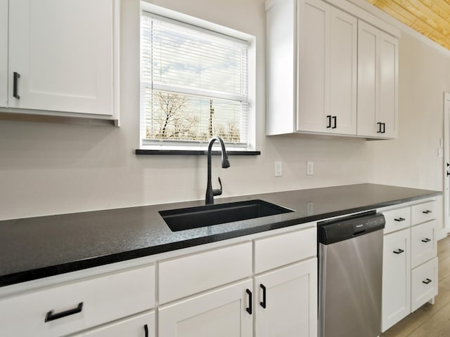 kitchen with sink, white cabinets, and dishwasher