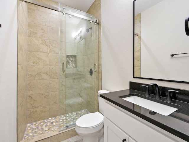 bathroom featuring vanity, toilet, and a shower with shower door