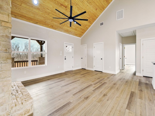 unfurnished living room with high vaulted ceiling, ornamental molding, ceiling fan, wood ceiling, and light hardwood / wood-style flooring