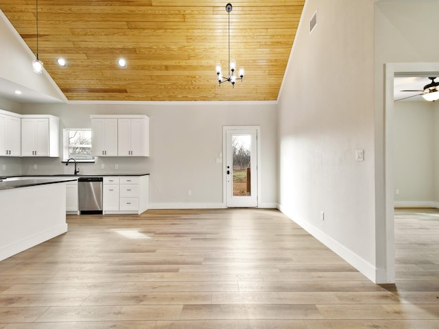 kitchen featuring hanging light fixtures, white cabinetry, and stainless steel dishwasher