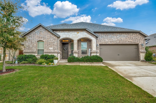 french country home featuring a garage and a front lawn