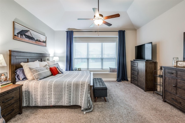 carpeted bedroom with lofted ceiling and ceiling fan