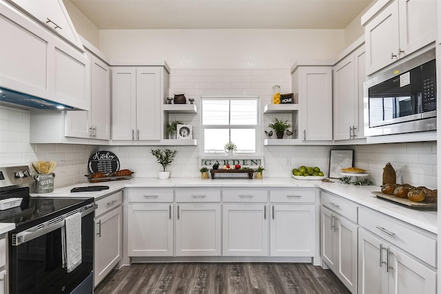 kitchen featuring open shelves, tasteful backsplash, white cabinets, and stainless steel appliances