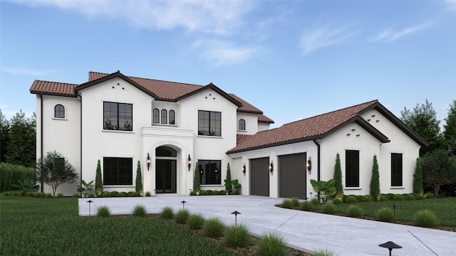 mediterranean / spanish-style house with driveway, a tiled roof, an attached garage, a front lawn, and stucco siding