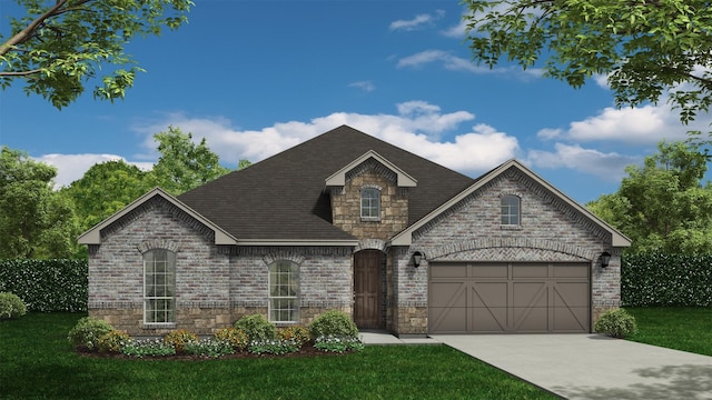 view of front of house featuring a garage and a front lawn