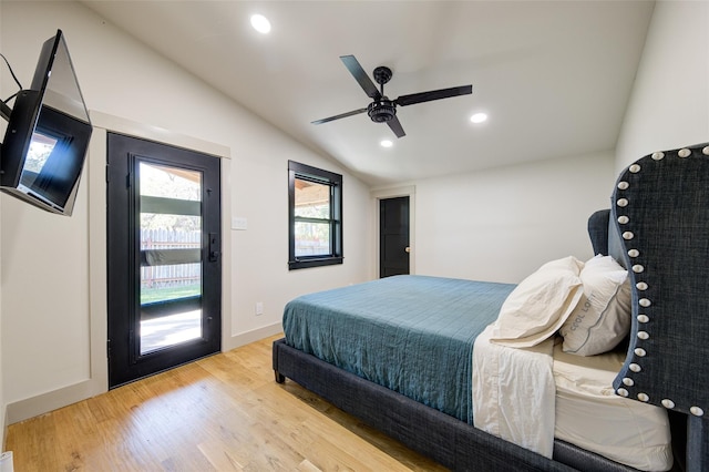 bedroom featuring ceiling fan, lofted ceiling, access to outside, and light wood-type flooring