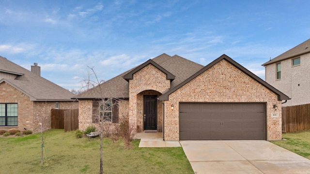 view of front of home with a garage and a front lawn