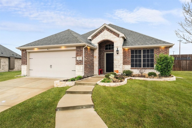 ranch-style home with a garage and a front lawn