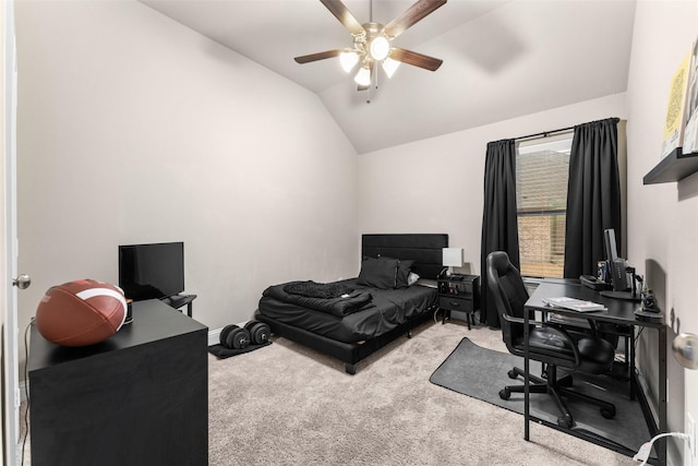 bedroom with ceiling fan, light colored carpet, and lofted ceiling