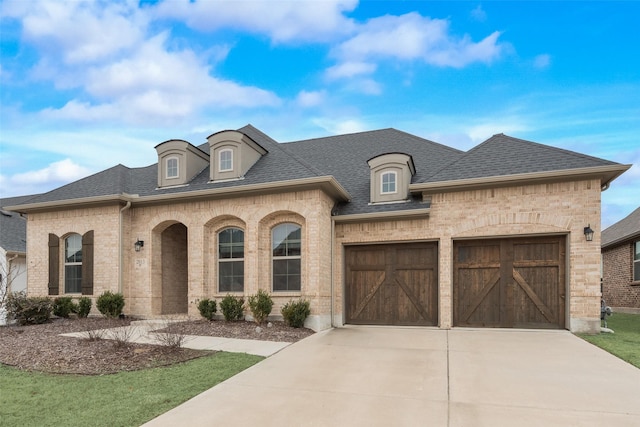 french country style house with a garage