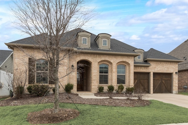 french country style house featuring a garage and a front yard