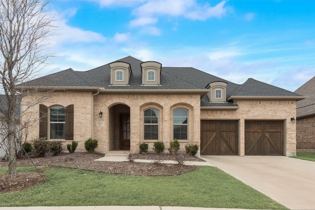 french country style house featuring a garage and a front yard