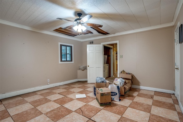 unfurnished bedroom featuring ceiling fan and ornamental molding