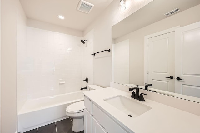 4405 Tower Bluff Rd, Midlothian, TX 76065 - bathroom featuring toilet, vanity, tile patterned floors, bathing tub / shower combination, and recessed lighting