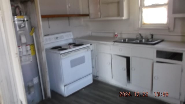 kitchen with white cabinetry, white electric range oven, sink, and water heater