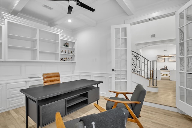 home office featuring coffered ceiling, beam ceiling, french doors, and light wood-type flooring