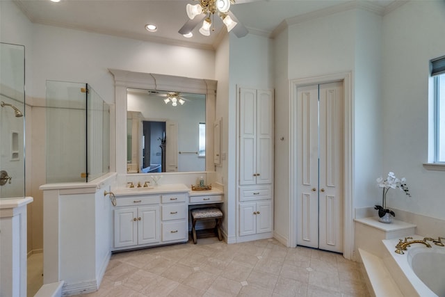 bathroom with shower with separate bathtub, ornamental molding, and ceiling fan