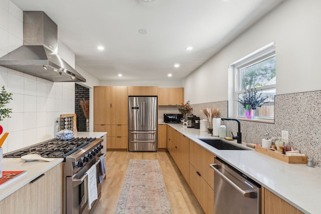 9704 Lanward Dr, Dallas, TX 75238 - kitchen with sink, exhaust hood, light wood-type flooring, stainless steel appliances, and backsplash