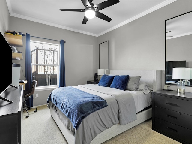 bedroom with ceiling fan and crown molding