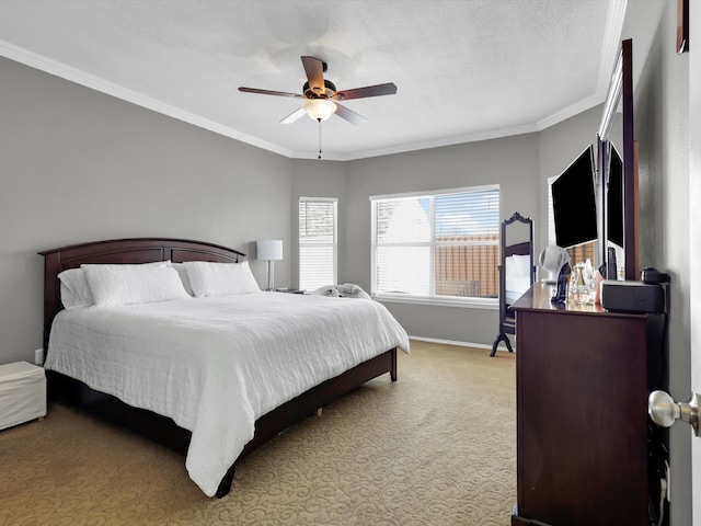 bedroom featuring crown molding, light colored carpet, ceiling fan, a textured ceiling, and baseboards