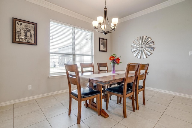 dining room with light tile patterned floors, crown molding, and a chandelier