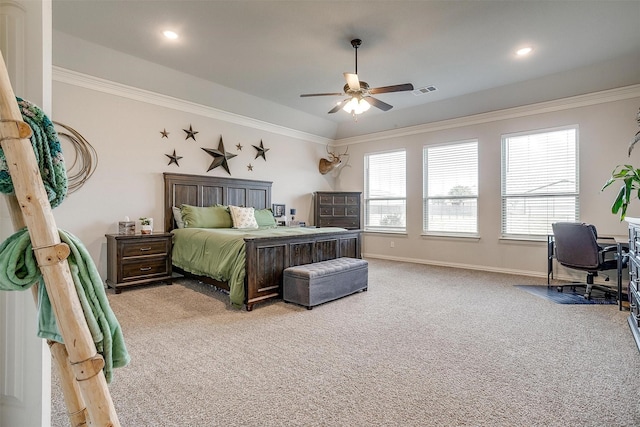 bedroom with light carpet, crown molding, and ceiling fan